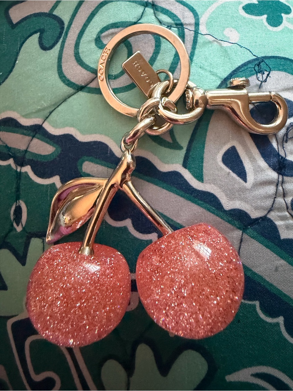 Coach Pink Glitter Cherry Key Fob with Gold Hardware